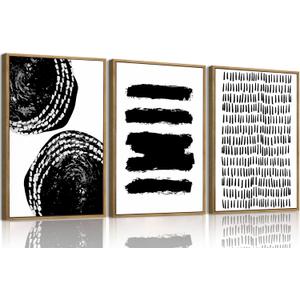 OIQArtOIQ 3 Piece Large Abstract Canvas Wall Art For Living Room Black and White Framed Wall Art Stroke Circle Modern Minimalist Art Prints Artwork For Bedroom Office Dining Room 12x16 in (Abstract Dot Round)