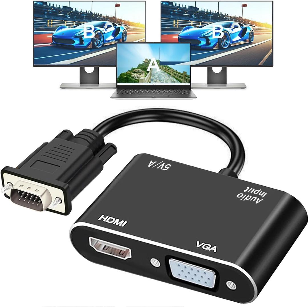 VGA to HDMI+VGA Adapter for Dual Monitors, VGA to HDMI Adapter Splitter 2 in 1,1080P@60HZ Full HD Display Video Converter for PC Laptop Link Monitor/HDTV/Projector, Fully Plug & Play