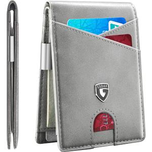 GSOIAX Slim Leather RFID Bifold Wallet for Men with Money Clip and 12 Credit Card Holders - Manimalist Front Pocket Wallet with ID Window, Cool Groove Design, Gift Box included(Retro Grey)