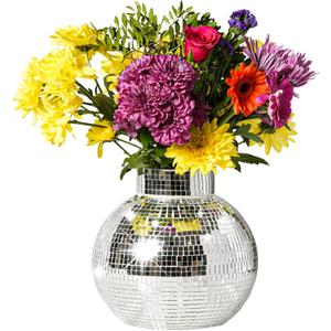 Disco Ball Planter | 7 Disco Ball Vase for Flowers & Plants | Handmade Silver Square Small Mirrors Center Piece | Disco Ball Plant Holder Silver