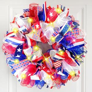 17.72 Inch 4th of July Wreath with Light Patriotic Wreaths for Front Door Mesh Red White Blue Memorial Day American Flag Star Decorations for Independence Veterans Day Home Indoor Outdoor