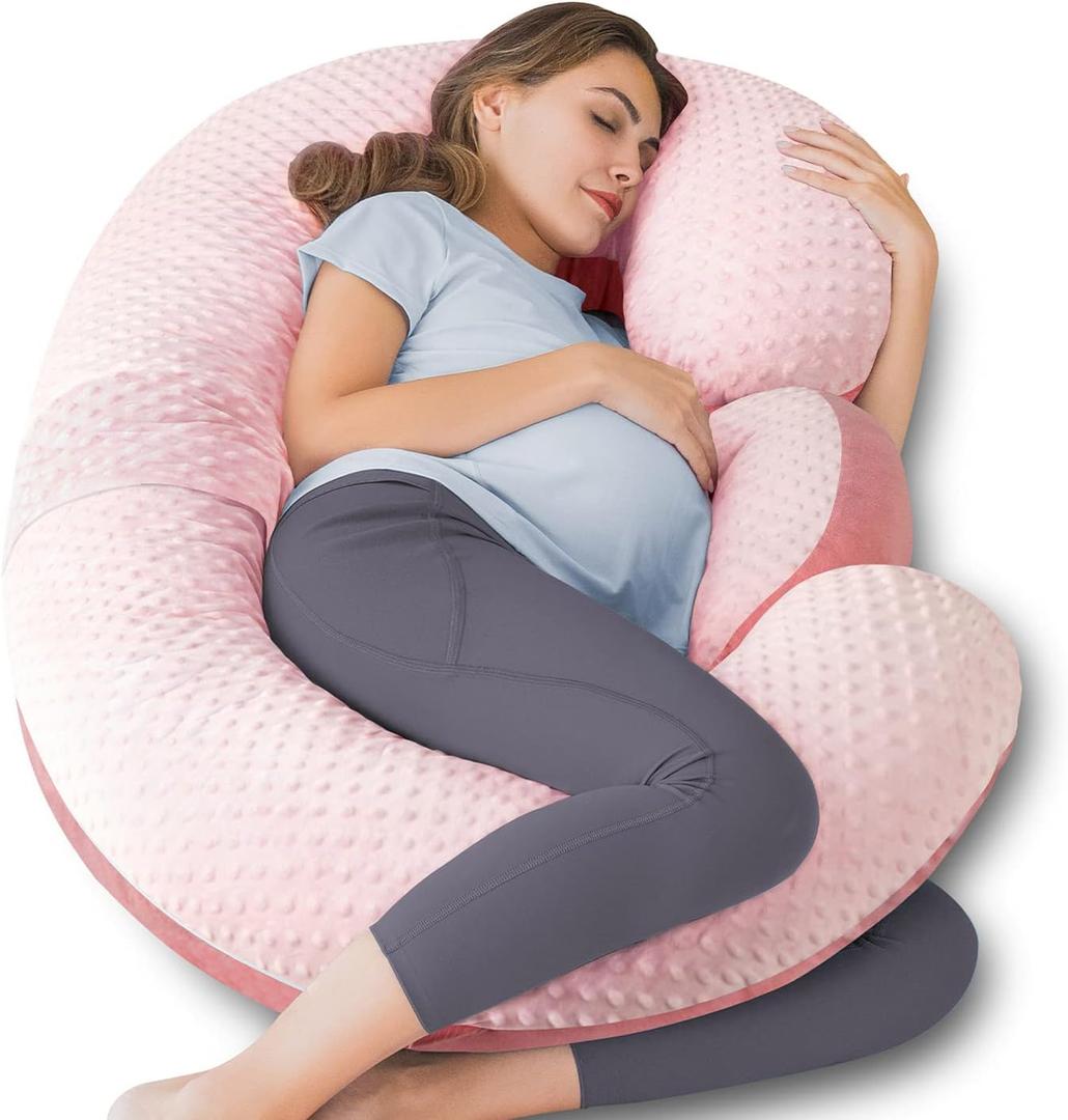 QUEEN ROSE Pregnancy Pillows - E Shaped Pregnancy Pillows for Sleeping, Detachable Body Pillow for Pregnant Side Sleeper, Pink Velvet, 60in (Classic, Polka Dot Velvet - Blush Pink)