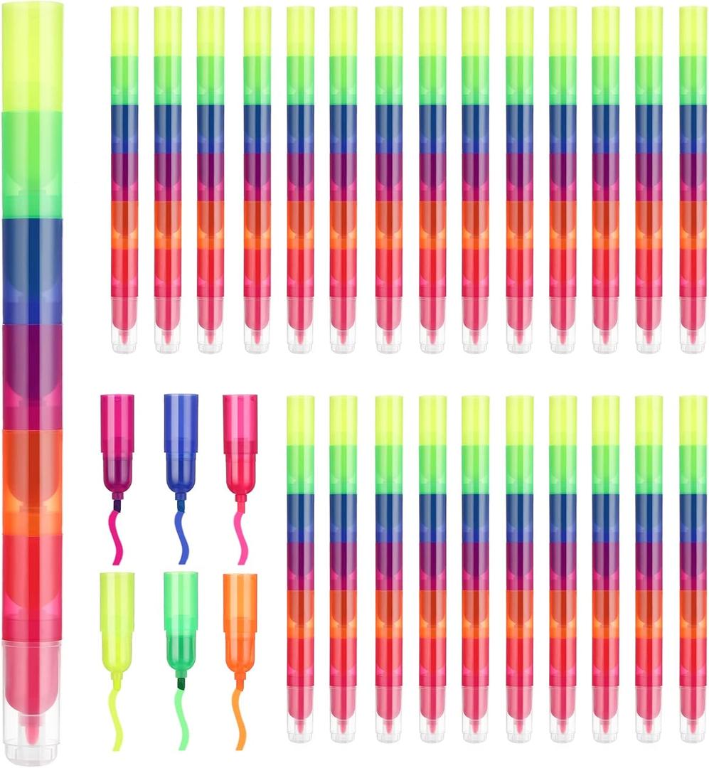 Harloon 50 Pcs Stackable Rainbow Color Highlighters for Kid Classroom Reward Prize Gift Pastel Highlighter in One Pens Cute Kawaii Fun 6 in 1 Point Marker for Kids or Teacher Office