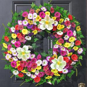Yastouay Spring Summer Wreaths for Front Door, 24 Inch Large Spring Summer Door Wreath with Magnolia Petunia Flowers & Ivy Leaves, Spring Wreath for Front Door Farmhouse Porch Wall Indoor Outdoor