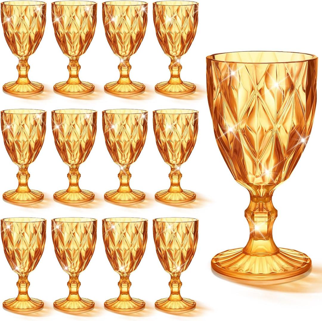 Tioncy 12 Pcs Plastic Drink Cooler Glasses Vintage Stemware Water Goblets 11 oz Unbreakable, Drink Cooler Glasses Bulk Reusable Party Drinking Cup Champagne Flute for Wedding Reception Shower Bar Birthday(Amber)