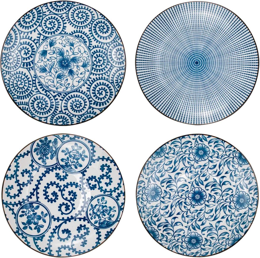Foraineam Set of 4 Blue and White Porcelain Serving Plates Floral Dinner Shallow Plates Appetizer Salad Dessert Snack Plate Set