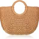 Frienda Straw Tote Bag Summer Beach Bag Handmade Straw Rattan Woven Handbag for Women Travel (12.6 x 7.87 x 8.66 Inch, Khaki)