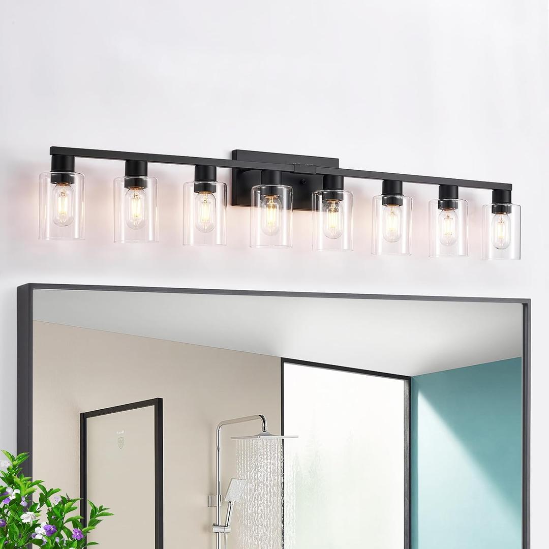 8 Light Bathroom Vanity Light, Matte Black Bathroom Vanity Lights Over Mirror with Sturdy Clear Glass Shade, 8 Lights Count Large Bath Light Fixtures for Mirror, Bedroom, Living Room, Wall Sconce