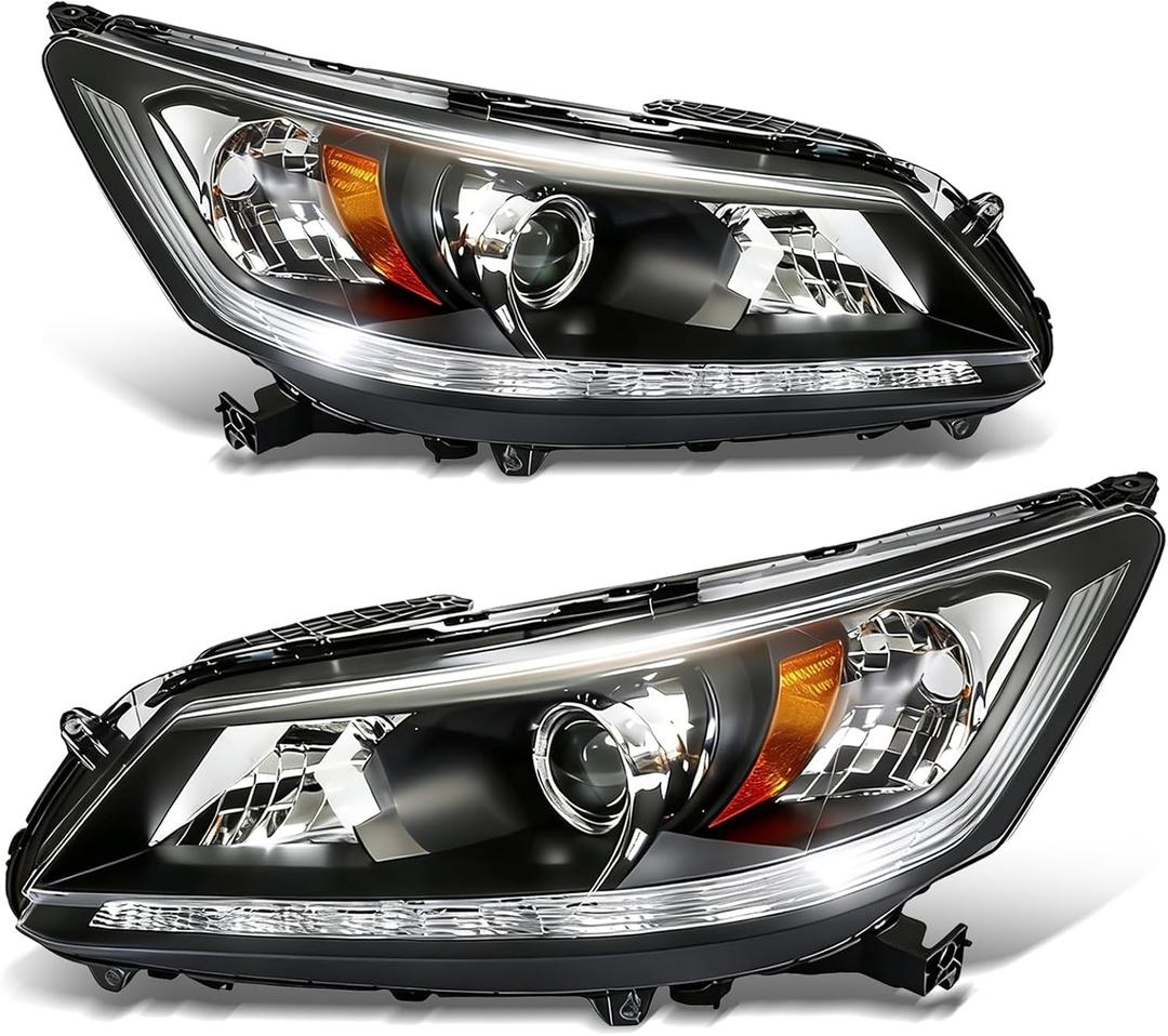 munirater 1 Pair Headlights Replacement for A-ccord Sedan 2013 2014 2015 Headlamp DRL Halogen Black Driver and Passenger Side RH&LH
