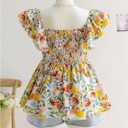 WDIRARA Women's Plus Size Floral Tie Front Babydoll Tops Layered Ruffle Cap Sleeve V Neck Peplum Blouse (XL)