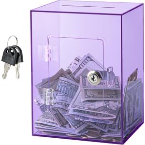 Hicocool Clear Piggy Bank with Lock, Acrylic Piggy Bank for Adults Kids Openable, Reusable Money Saving Box with Key for Birthday (Purple)