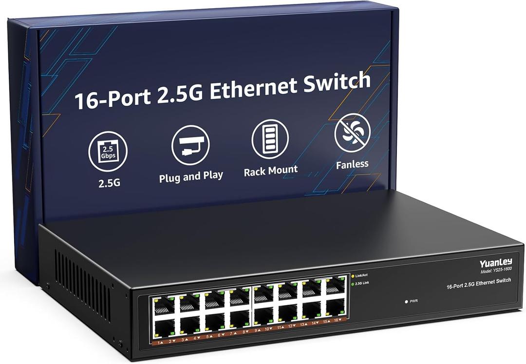 YuanLey 16 Port 2.5GB Unmanaged Ethernet Switch, 16 x 2.5G Base-T Ports, Compatible with 100/1000/2500Mbps, Metal Fanless, Desktop/Rack Mount YuanLey 2.5 Gigabit Network Switch for Wireless AP, PC