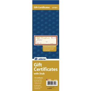 Adams 1-Part Gift Certificates with Stub, 3-1/4" x 11", 25 Certificates/BK (GFTBK1)