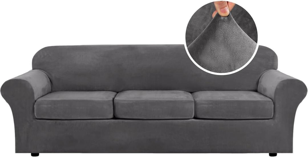 H.VERSAILTEX High Stretch Sofa Slipcover 4 Piece Cover Velvet Furniture Protector Form Fit Thick Velvet Extra Large Sofa Cover for 3 Cushion Couch Width Up to 97 Inch (Large Sofa, Grey)