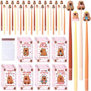 28 Sets Capybara Valentines Day Gifts Bulk Capybara Positive Cards Classroom Stress Relief Bobblehead Pens Cute Stationery Set for Party Favors Gift Exchange Friends Kids