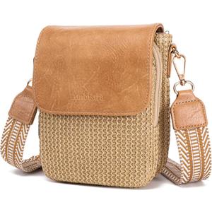 Faux Straw Summer Purse 2026 RFID Small Crossbody Bags for Women Raffia Woven Phone Bag Hawaiian Beach Cruise Travel (Brown Khaki)