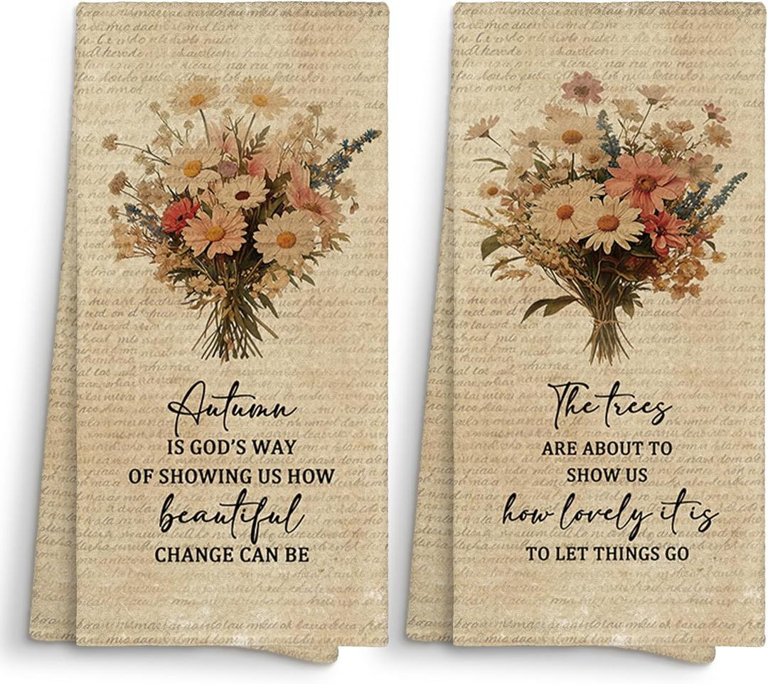 Christian Floral Kitchen Towels Decorative 16x24 Set of 2, Bible Verse Dish Towels Cloths Dishcloths Tea Towel Gifts for Christian Women, Vintage Fall Bathroom Kitchen Hand Towel Decor (Beige Flower-3 (2pk))