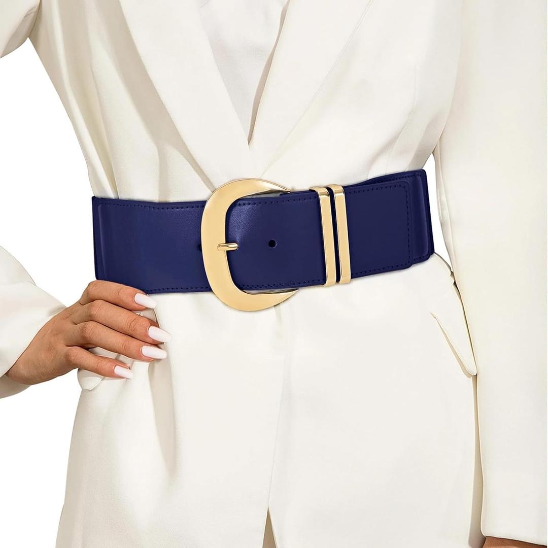 WHIPPY Women Wide Elastic Waist Belt for Dresses Fashion Gold Buckle Stretchy Leather Waistband for Ladies (Fits Waist Size 28"-33", 8-navy Blue)