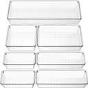 Criusia Clear Drawer Organizer 7 PCS - 5 Size Plastic Versatile Kitchen and Bathroom Organizer Trays, Non-Slip Storage Bins for Makeup, Utensils, Tool and Office Desk