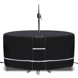 75" Round Patio Table Cover with Umbrella Hole, Waterproof 600D Heavy Duty Outdoor Furniture Cover, UV Resistant Windproof Patio Table and Chair Set Cover, All Weather Round Table Cover