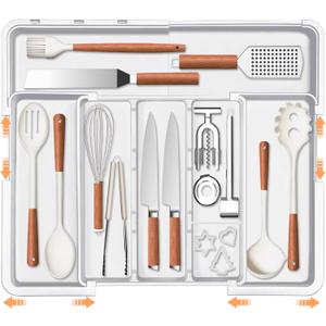 Large Utensil Drawer Organizer Expandable Silverware Organizer for Kitchen Drawer Adjustable Cooking Utensil Holder Cutlery Flatware Tray Spatula Tools Gadgets Storage Dividers Plastic White