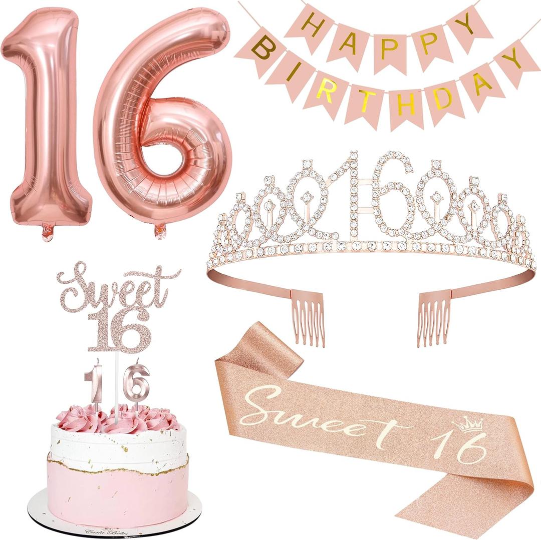 Sweet 16 Party Decorations, Including 16th Tiara and Sash, Happy Birthday Banner, Cake Toppers, Number Candles and Balloons Set, Rose Gold Sweet 16 Party Decorations, Including 16th Tiara and Sash, Happy Birthday Banner, Cake Toppers, Number Candles and Balloons Set, Rose Gold