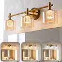 3 Light Gold Bathroom Vanity Light Over Mirror | 3 Color Mode, Warm/Natural/Cold, Modern, Amber Glass, Brass, IP44, for Makeup/Shaving/Bedroom/Living Room, Bulb Included, 5W