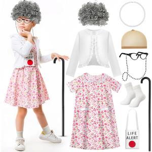 8 Pcs 100th Day of Old Lady Costume Granny Pink Dress Wig Accessories Outfit (Small)