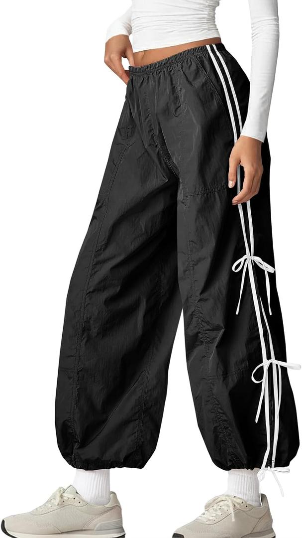 Fisoew Womens Wide Leg Track Pants Casual Elastic Waist Bow Tie Y2K Baggy Sweatpants with Pockets Black (Black, S)