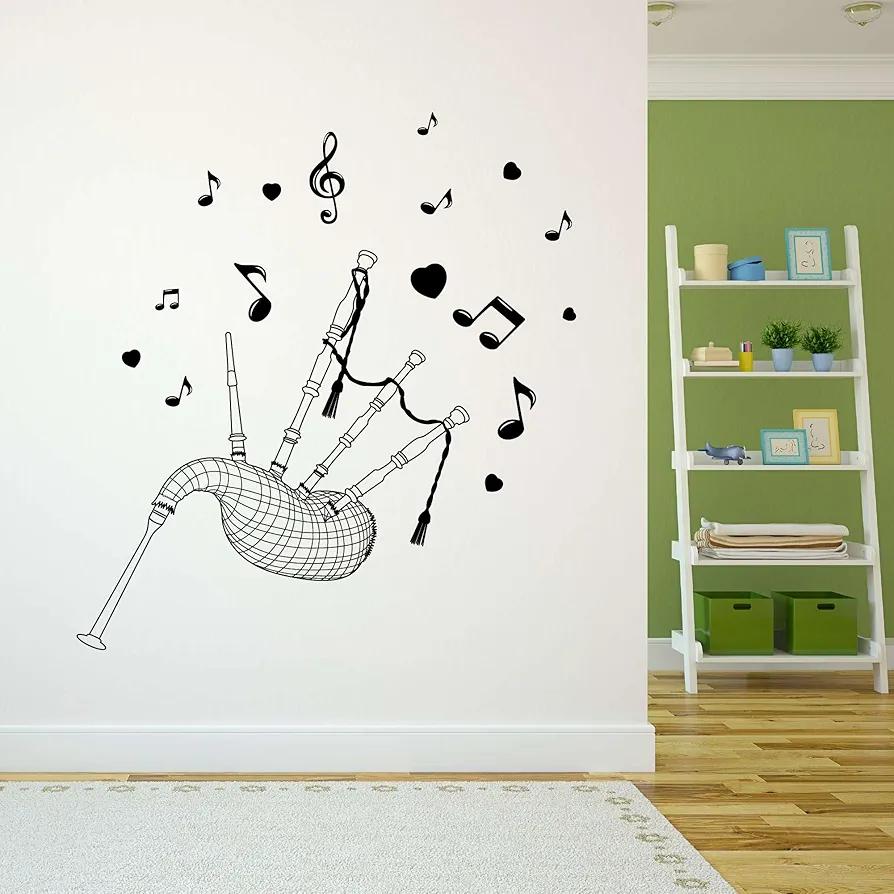Design With Vinyl Music Wall Decal Bagpipe Silhouette with Heart and Musical Notes on White Background Removable - Size: 36 in x 40 in