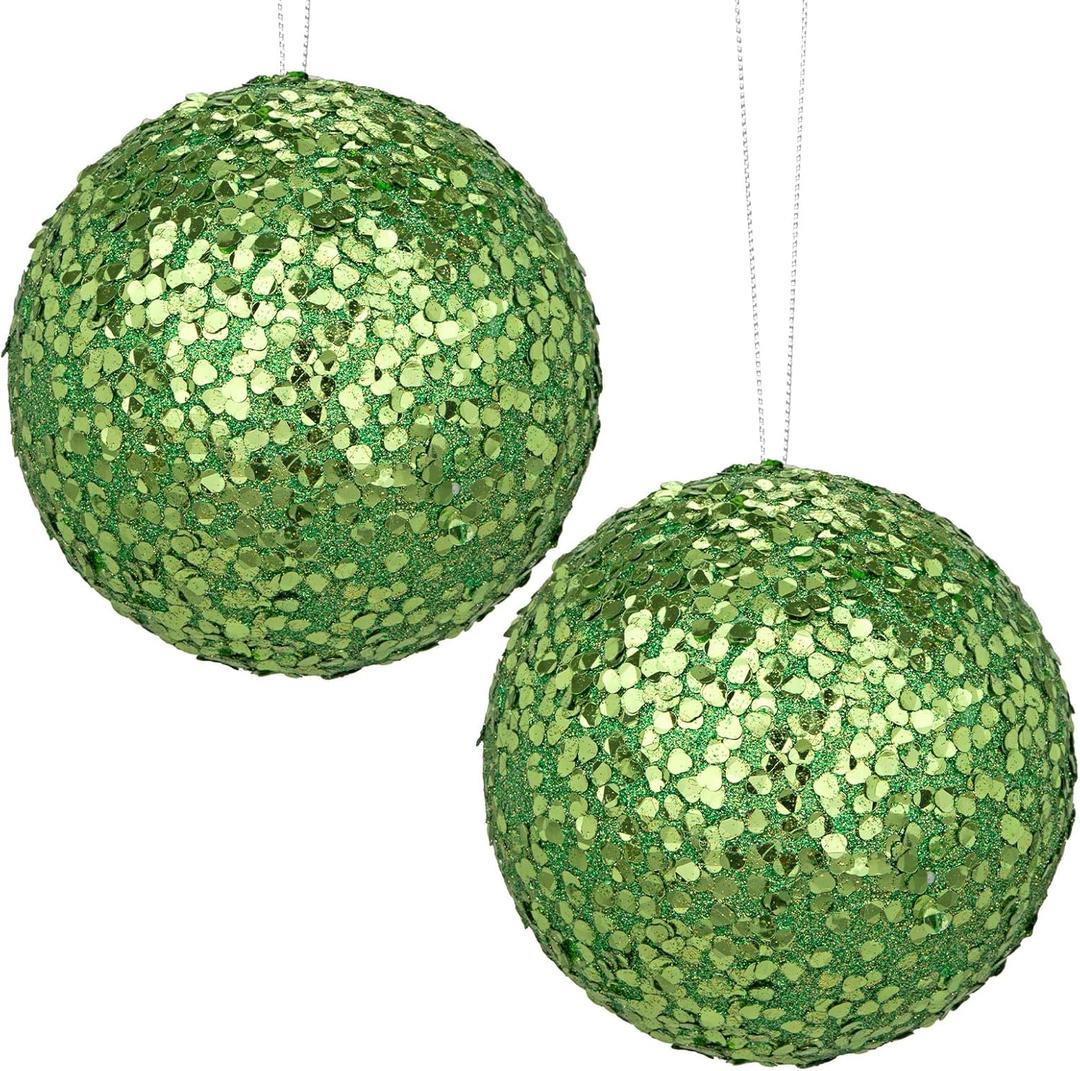 6" 2 Pcs Large Christmas Balls Ornaments Set Hanging Decorations, Green Big Xmas Tree Ornaments Balls, Shatterproof Glitter Indoor Christmas Decoration for Tree, Winter, Holiday, Party, Bowl Filler (#5.9"(15cm))