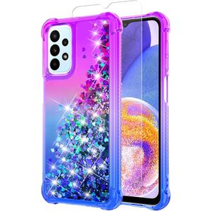 5 x for Galaxy A23 Case with HD Screen Protector,Gradient Quicksand Glitter Liquid Floating Waterfall Durable Girls Cute Phone Case for Samsung A23 5G (Purple/Blue)