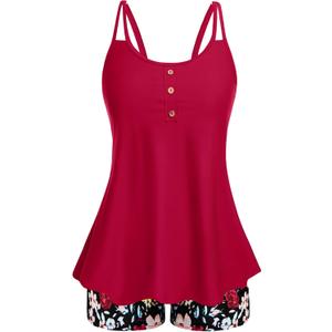 Women Tankini Swimsuit with Shorts - Flowy Two Piece Swimsuits Tummy Control Bathing Suits 2025 Swimwear (Large, Red and Floral)