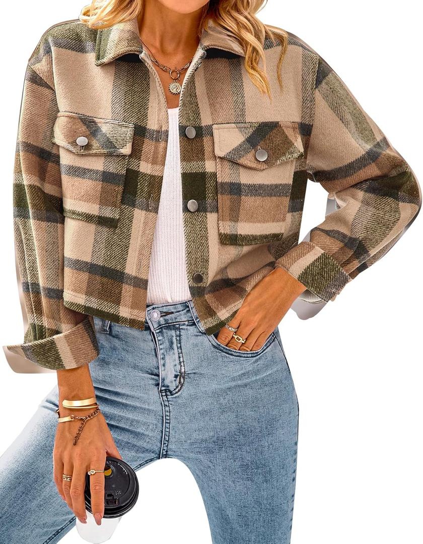 CFLONGE Women's Casual Jacket Coats Button Down Corduroy Cropped Shacket Plaid Long Sleeve Flannels Shirts for Women Jackets (X-Large, Khaki)