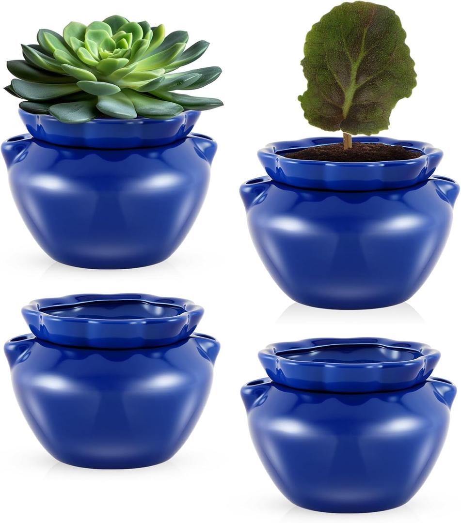 4 Sets African Violet Pots 4 Inch Self Watering Pot for Indoor Ceramic Self Watering Planter for Flower Lovers Ideal Plant Pot Thriving Flower Maintenance, Blue