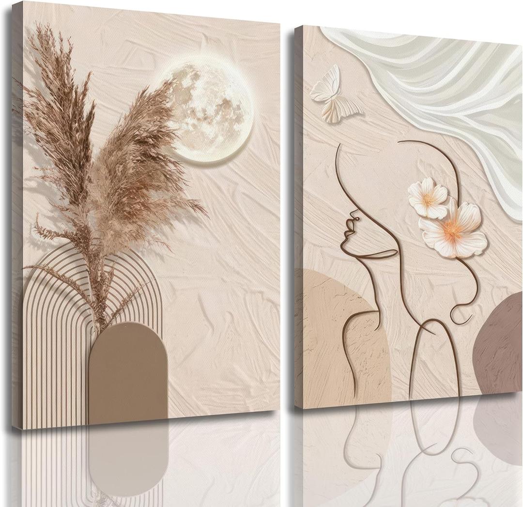 TJRRKYHY 2Pcs Modern Boho Abstract Canvas Wall Art Beige Minimalist Woman Line Art Decor Neutral Geometry Prints for Living Room Bedroom Bathroom Home Decor (16x24in canvas)