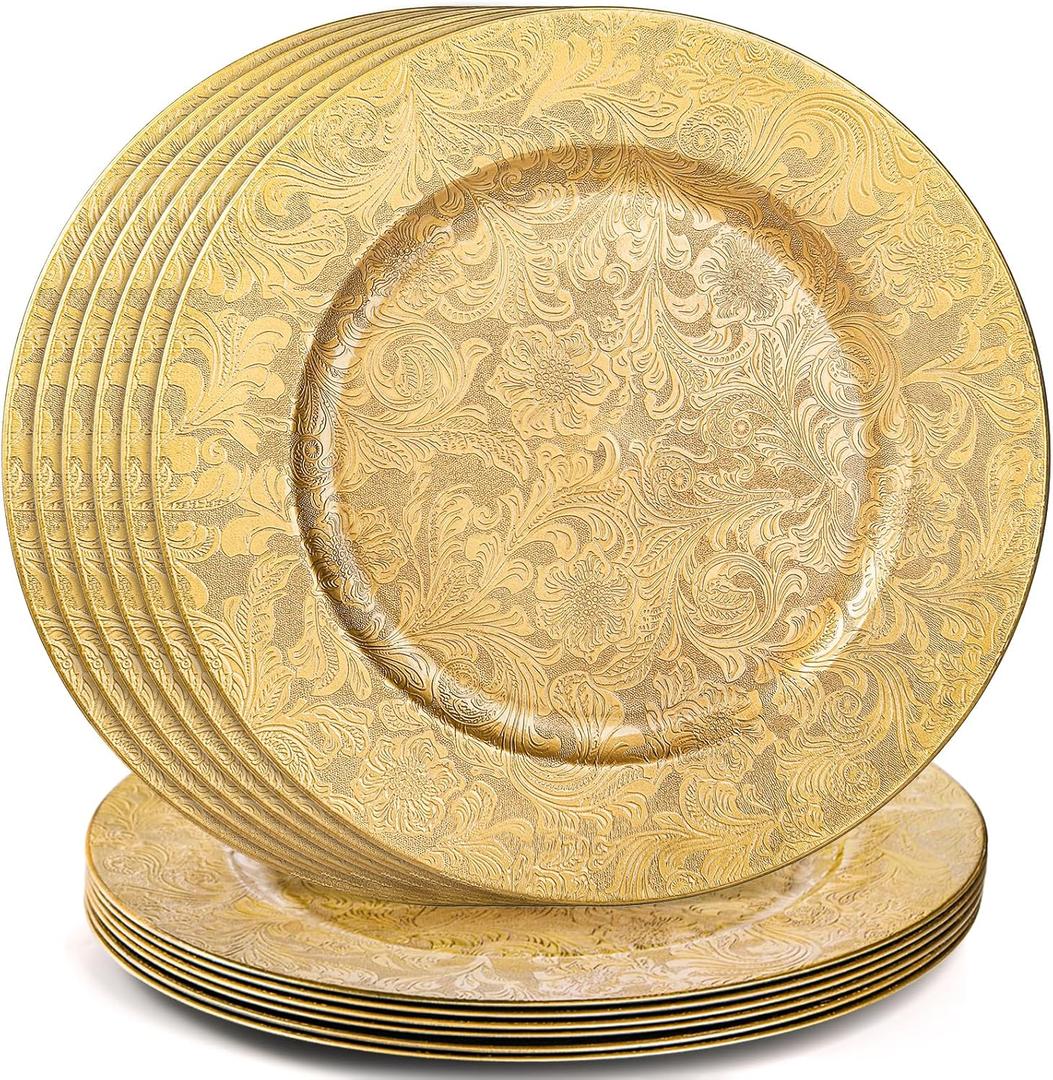 ZOOFOX 12 Pack Gold Charger Plates, 13" Plastic Round Antique Plate Charger for Dinner Plates, Floral Charger Plates for Wedding Dinner Party Table Setting Decor