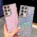 Trendy Girly Glitter Powder Compatible with Sumsung Galaxy Rectangle Case, Elegent Cute Slim Women Bling Diamond Rhinestones Plating Phone Cases(Pink,S24 Ultra)