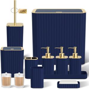 Bathroom Accessory Set - Bathroom Set, 12PC Bathroom Accessories Set, Navy Blue Bathroom Accessories Set, Mini Trash Can, Toilet Brush, Trash Can & Soap Dispenser