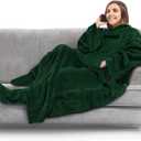 PAVILIA Fleece Blanket with Sleeves, Foot Pockets for Women Men Adults, Plush Wearable Blanket Throw Wrap, Warm Snuggle Blanket Robe, Cozy Gift Ideas Wife Mom, Dark Green