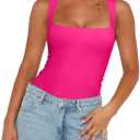 REORIA Butsmooth Womens Sexy Sleeveless Square Neck Double Lined Basic Bodysuit Tank Tops L
