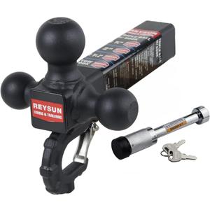 Trailer Hitch 864011L Tri Ball Mount with Hook, Tactical Tow Hook, Fits 2 inch Hitch Receiver, Secure with Self-Lock Latch, Matt Black, 5/8 Inch Hitch Lock Included