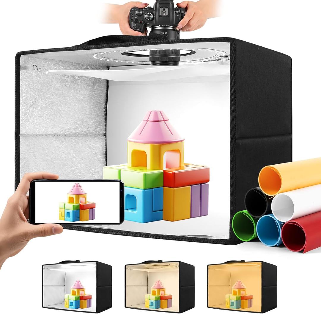 Photo Light Box, 16"x12"x12" Foldable Photography Light Box with CRI>95 120 Light Beads. Dimmable Shooting Tent Kit with White and Warm Light. 6 Color Backdrops Photo Booth for Studio Products Display