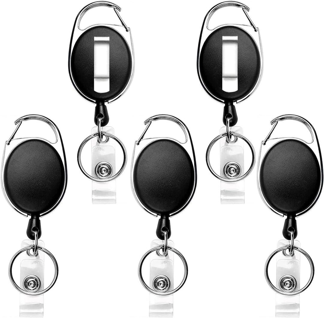 Teskyer Badge Reel, 5 Pack Retractable Badge Holders with Carabiner Belt Clip and Key Ring for ID Card Holder and Keychain (Black)