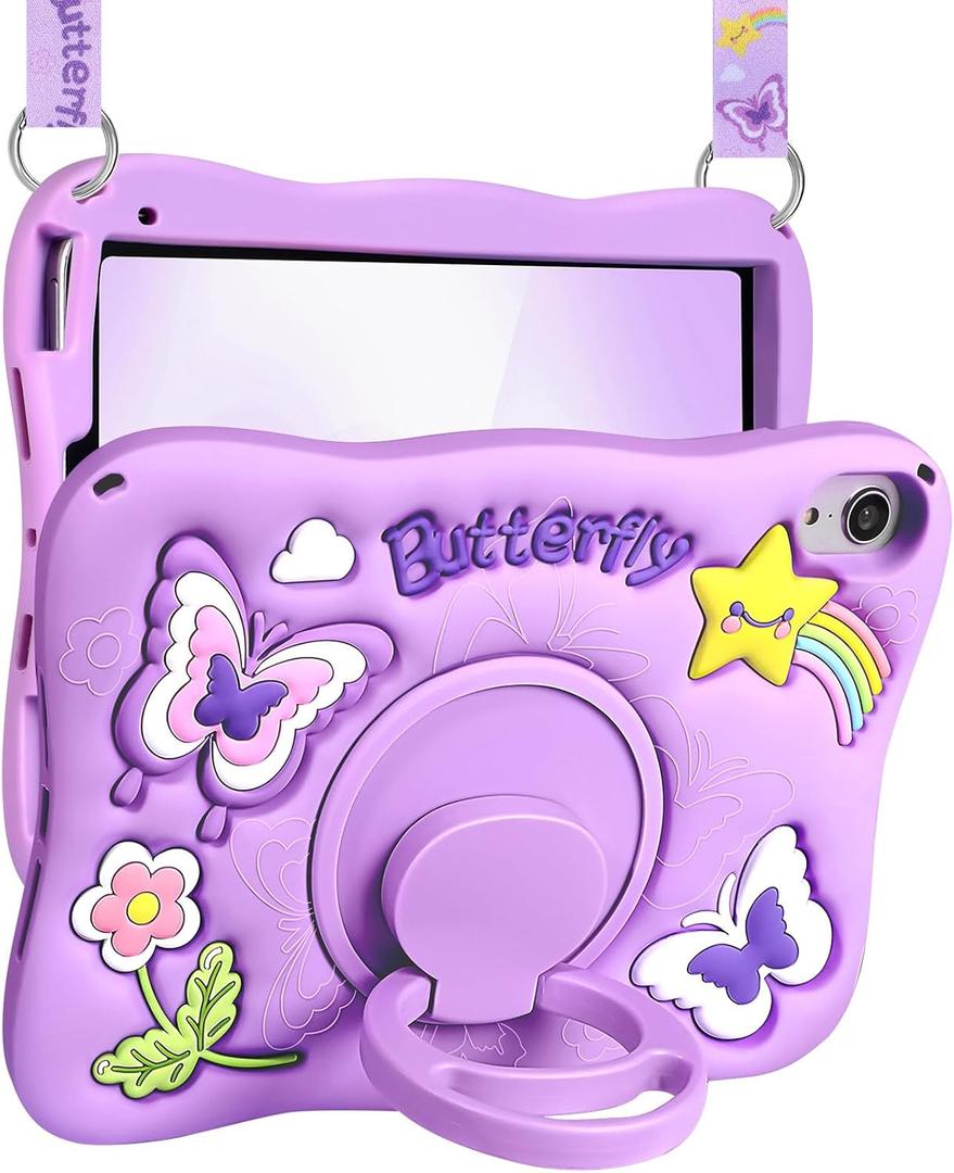 for iPad mini 7 Case A17 Pro 2024, for iPad mini 6th Generation Case 8.3 Inch - Girls Cute Kawaii Girly 3D Purple Butterfly Design Cover with Rotating Stand & Strap Unique Silicone Women Case