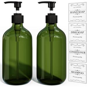 Kzeirm Green Soap Dispenser, Dish & Hand Soap Dispenser Set for Bathroom & Kitchen, Refillable Pump Bottle Dispenser, Plastic Empty Soap and Lotion Dispenser for Liquid, 2 Pcs