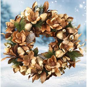 BINFEN 24" Winter Wreaths for Front Door, Gold-Brown Leaves Balls Pears Magnolia Flowers Christmas Wreath, Door Reef for Windows Fireplaces Walls, Front Porch Indoor and Outdoor Decor