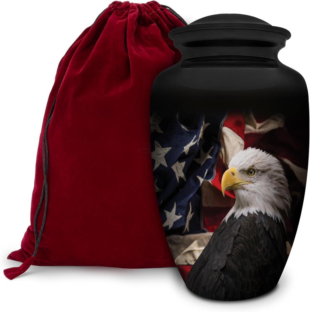 Patriotic Hearts Eagle Extra Large Urn for Human Ashes | American Flag Cremation Urn for Adults, Veteran, Extra Large Size, Handmade Funeral Urns with Velvet Bag