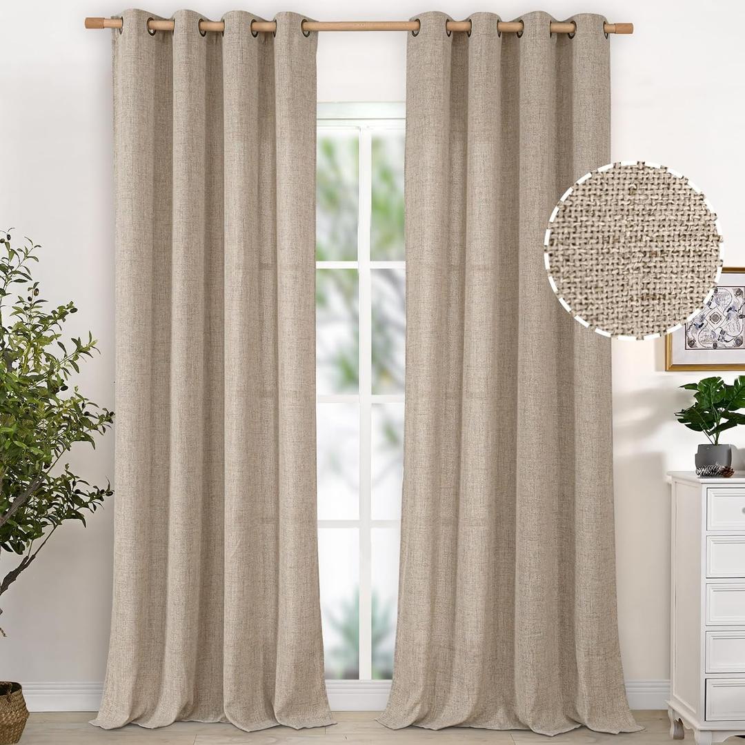 YoungsTex 90 Inches Long Linen Semi Sheer Curtains for Living Room, Oatmeal Light Filtering Drapes with Bronze Grommet Rustic Floor Length for Bedroom Dining Room, 2 Panels, 52 X 90 Inch