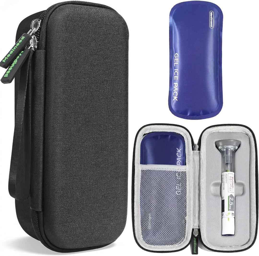 Portable Insulated Cooler Travel Case Fits 2 Zepbound or Mounjaro Injector Pens, Tirzepatide Travel Case TSA Approved with 2PCS Reusable Ice Packs, EVA Medicine Organizer for Daily Use (Black,Small)